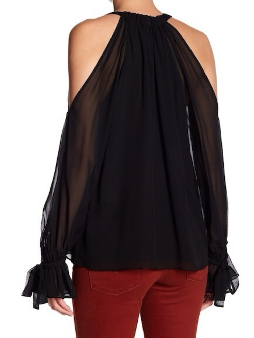 BCBGMaxAzria 100% Silk Fatima Black Cold-Shoulder Sheer Sleeve Halter Large - Picture 2 of 5